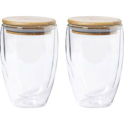 Thermische koffieglazen/theeglazen dubbelwandig - 2x - met bamboe deksel - 350 ml - Koffie- en theeglazen