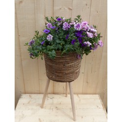 Rieten plantenbak bruin op poten met zomerbloeiers paars/roze h65 cm - Warentuin Natuurlijk