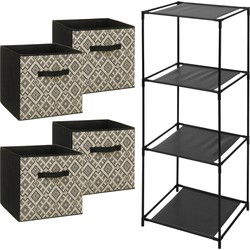 5Five Opbergrek Smartrack - met 4x mandjes stof - zwart/creme - 34 x 98 cm - Opbergkastjes