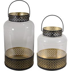 Set van 2x lantaarns/windlichten zwart/goud Arabische stijl 28 en 37 cm metaal en glas - Lantaarns