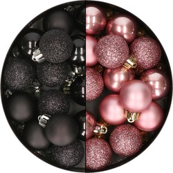 28x stuks kleine kunststof kerstballen zwart en velvet roze 3 cm - Kerstbal