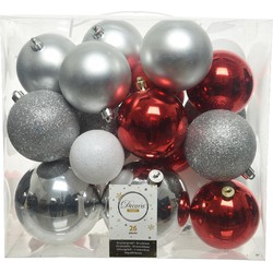 Decoris Kerstballen - 26x st - zilver, rood en wit - 6-8-10 cm - Kerstbal