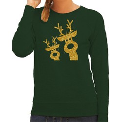 Bellatio Decorations foute kersttrui/sweater voor dames - gouden rendieren - groen - glitter goud L - kerst truien