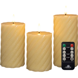 Stompkaars swirl wax led 3d vlam op batterij met afstandbediening set van 3 d7.5h10/12.5/15 cm ivoor