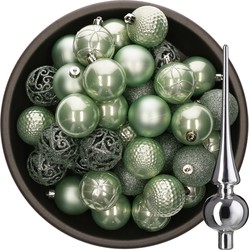 37x stuks kunststof kerstballen 6 cm mintgroen incl. glazen piek glans zilver - Kerstbal