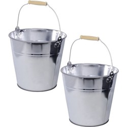 Set van 2x stuks zinken emmer/plantenpot zilver met houten handvat 8 liter - IJzeren emmer / teil