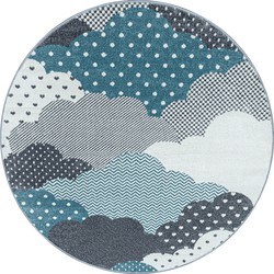 Tapijtenloods Bambi Wolken Kinderkamer Rond Vloerkleed Laagpolig Blauw Grijs- 120 CM ROND