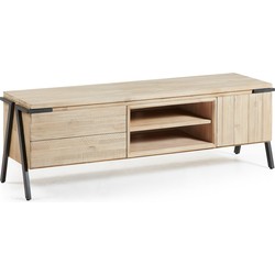 Kave Home - Thinh TV-meubelm 1 deur en 2 laden van massief acaciahout en zwart staal, 165x53 cm