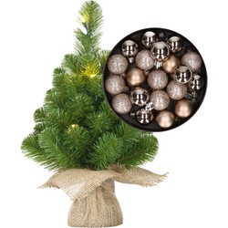 Mini kerstboom/kunstboom met verlichting 45 cm en inclusief kerstballen champagne - Kunstkerstboom