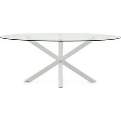 Kave Home - Argo ovale glazen tafel met stalen poten in witte afwerking Ø 200 x 100 cm