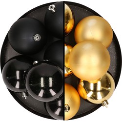12x stuks kunststof kerstballen 8 cm mix van zwart en goud - Kerstbal