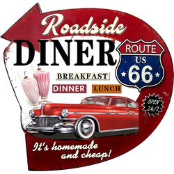 Clayre & Eef Tekstbord  56x54 cm Rood Ijzer Auto Route 66 Wandbord