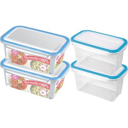 4x Voedsel plastic bewaarbakjes 1,2 en 2 liter transparant/blauw - Vershoudbakjes