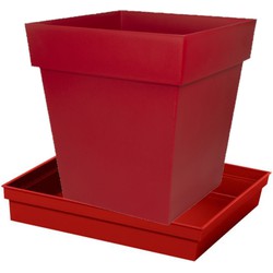 Bloempot Toscane vierkant kunststof rood L39 x B39 x H39 cm inclusief onderschaal L33 x B33 x H5 cm - Plantenpotten