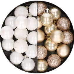 28x stuks kleine kunststof kerstballen wit en champagne 3 cm - Kerstbal