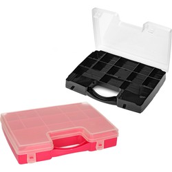 Forte Plastics - 4x Opberg vakjes doos/Sorteerbox - 13-vaks kunststof - 27 x 20 x 3 cm - zwart/roze - Opbergbox