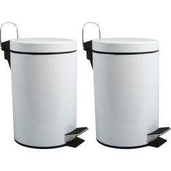 MSV Prullenbak/pedaalemmer - 2x - metaal - wit - 5 liter - 20 x 28 cm - Badkamer/toilet - Pedaalemmers