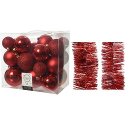 Kerstversiering kunststof kerstballen 6-8-10 cm met folieslingers pakket rood van 28x stuks - Kerstbal