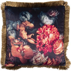 Clayre & Eef Sierkussen  45x45 cm Zwart Rood Synthetisch Vierkant Bloemen Kussenhoes met Kussenvulling