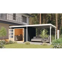 Karibu tuinhuis Pluto C met overkapping zwart-wit, 571 x 271 cm
