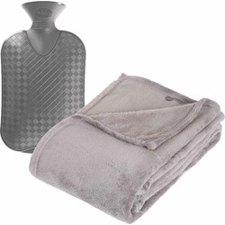 Fleece deken/plaid Zilvergrijs 125 x 150 cm en een warmwater kruik 2 liter - Plaids