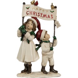 Clayre & Eef Decoratie Beeld Kinderen 14x7x23 cm Wit Rood Kunststof HAPPY CHRISTMAS Kerstdecoratie