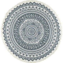 QUVIO Tapijt rond met franjes en mandala opdruk - 90 cm - Gebroken wit/Antraciet