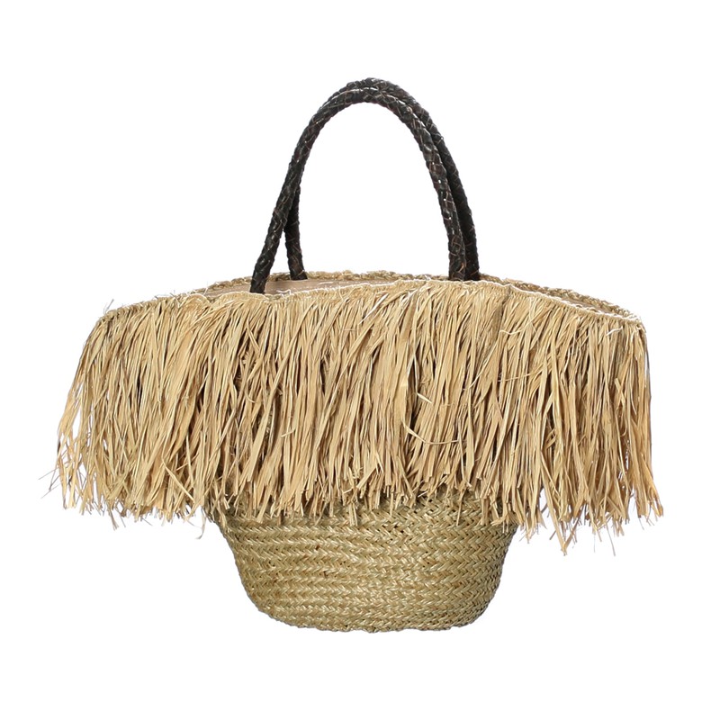 The Fringe Raffia Basket with Leather Handle - Natural - 