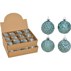 24x stuks luxe gedecoreerde glazen kerstballen turquoise blauw 6 cm - Kerstbal