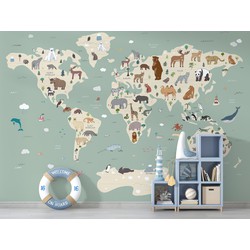 Wereldkaart met dieren - Kinderbehang - 292,2 cm x 280 cm - Walloha