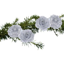 4x stuks kerstboom decoratie bloemen rozen zilver op clip 9 cm - Kersthangers