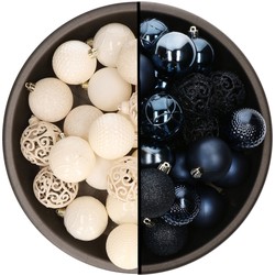 Kerstballen - 74x stuks - wol wit en donkerblauw - 6 cm - kunststof - Kerstbal