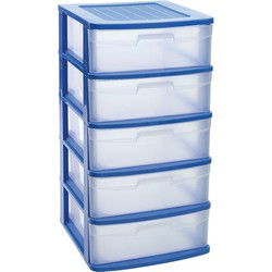 Ladeblok/bureau organizer met 5x lades blauw/transparant L40 x B39 x H81 cm - Ladeblok