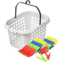 Wasknijpers ophang mandje/bakje - wit - met 56x plastic soft grip knijpers - knijperszakken