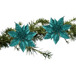 2x stuks kerstboom bloemen op clip emerald groen glitter 15 cm - Kersthangers
