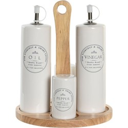 Items Azijn/Olie flessen tafelset - met peper/zout vaatjes - keramiek/bamboe - wit - Olie- en azijnstellen