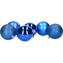 6x stuks kerstballen blauw mix van mat/glans/glitter kunststof 8 cm - Kerstbal