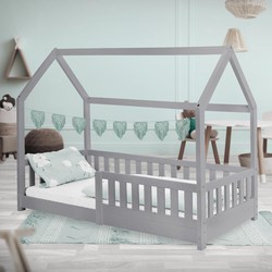 Kinderbed met uitvalbeveiliging lattenbodem en dak 80x160 cm Lichtgrijs grenenhout ML-Design