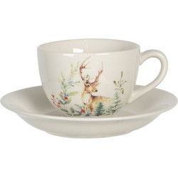 Clayre & Eef Kop en schotel  200 ml Wit Keramiek Rond Hert Servies