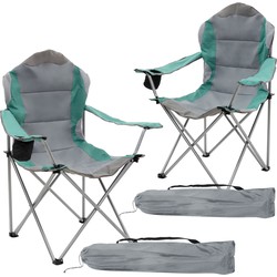 ECD Germany Set van 2 inklapbare campingstoelen grijs-turquoise visstoel met bekerhouder en tas opvouwbare tuinzetels grote stoel met hoge rugleuning gewatteerde zitstoel draagbare viszetel