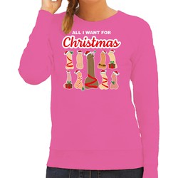 Bellatio Decorations foute kersttrui/sweater voor dames - All I want for Christmas - piemels - roze M - kerst truien