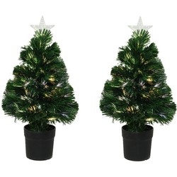 2x stuks fiber optic kerstboom/kunst kerstboom met verlichting en ster piek 60 cm - Kunstkerstboom