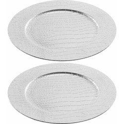 2x Ronde luxe kerstdiner/diner onderborden zilver lederlook 33 cm - Onderborden