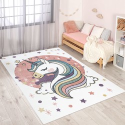 Tapijtenloods Vloerkleed Unicorn Laagpolig Anime Kids Roze Creme- 140x200 CM