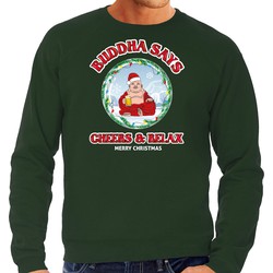 Bellatio Decorations foute Kersttrui/sweater heren - buddha says cheers & relax - groen - bier XL - kerst truien