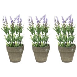 4x stuks groene/lilapaarse Lavandula lavendel kunstplanten 25 cm met grijze beton pot - Kunstplanten