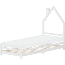 Kinderbed huis 90x200 cm wit met matras H:10cm houten bed voor kinderen met lattenbodem schoorsteen design ML-Design