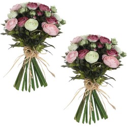 2x stuks roze/wit Ranunculus ranonkel kunstbloemen 35 cm decoratie - Kunstbloemen