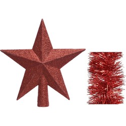 Kerstversiering kunststof glitter ster piek 19 cm en folieslingers pakket rood van 3x stuks - kerstboompieken