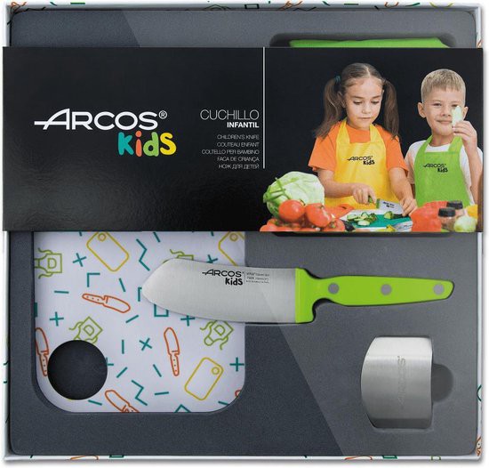 Arcos Kinderen mes met snijplank en beschermt vingers groene schort - 
